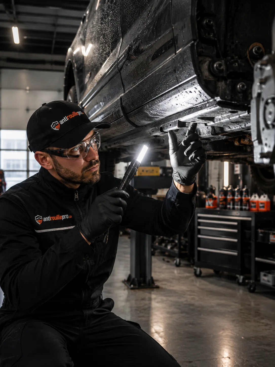 Véhicule sur pont élévateur dans un atelier antirouille